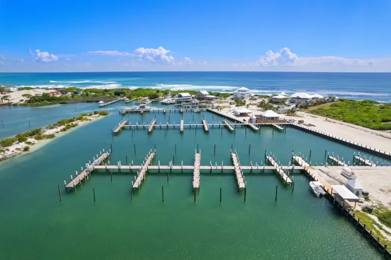 Aerial view of the marina and docks at Incommunicado, Hope Town, Elbow Cay