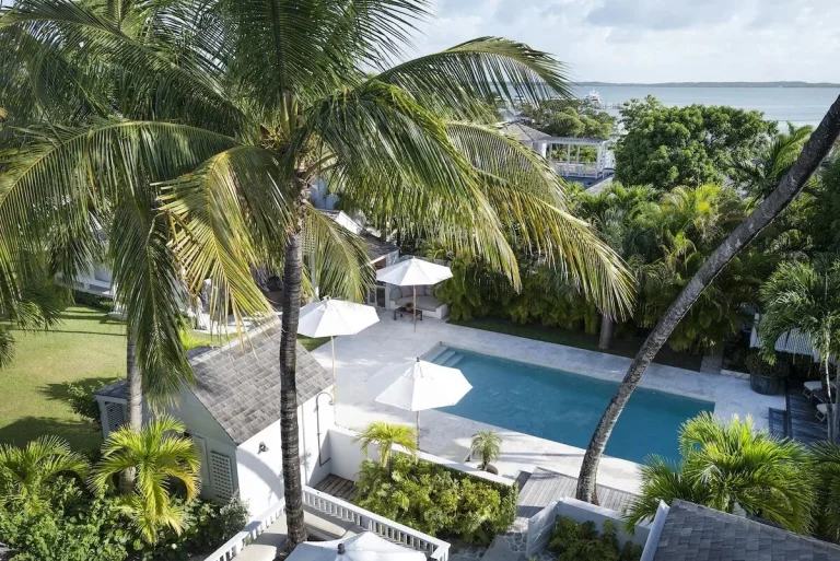 Pool and garden seen from above at Java Cottage, Dunmore Town, Harbour Island