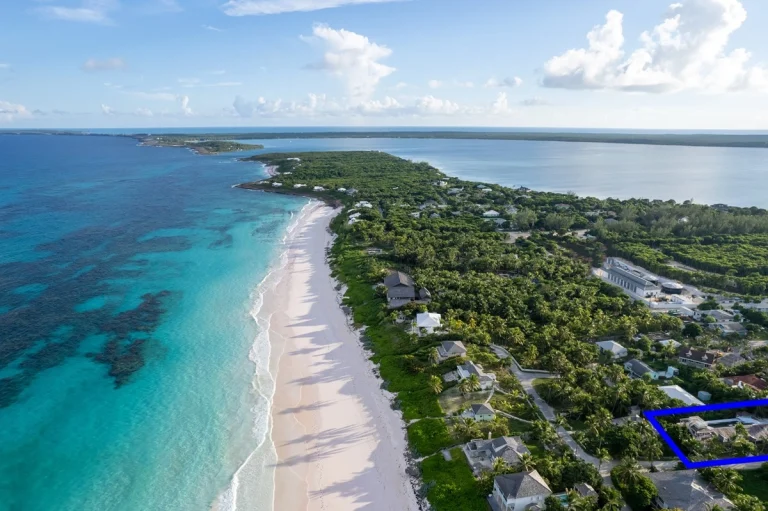Aerial view of the beach and coastline at Surf Shack, Dunmore Town, Harbour Island