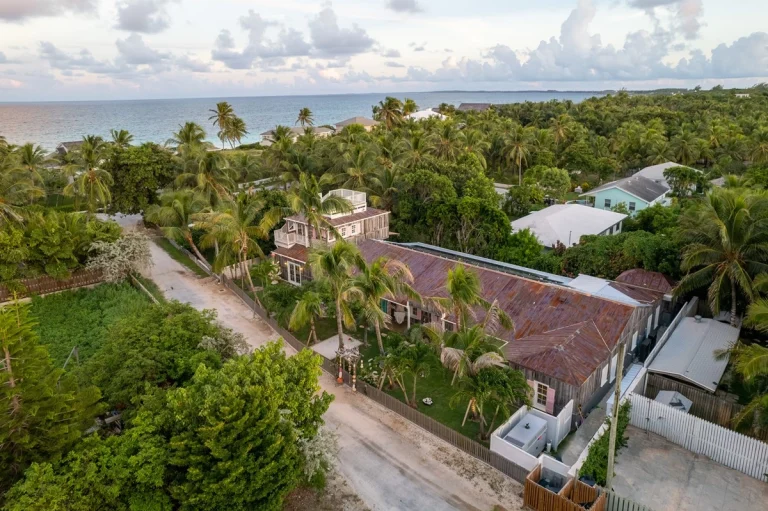 Aerial view of the house among the trees at Surf Shack, Dunmore Town, Harbour Island